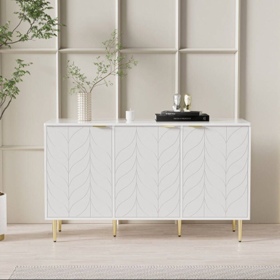 Merlooks Modern Dressoir met Vergulde Poten en Handvatten Dressoir Gelakt Afgeronde Hoeken voor Slaapkamer Woonkamer en Badkamer Bloemenpatroon 2 Verdiepingen en 6 Compartimenten 127B*45T*75H Wit
