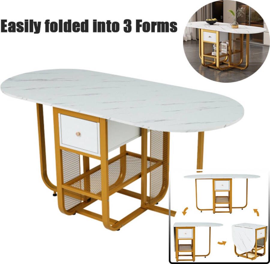 Merlooks Opklapbare eettafel uitbreidbare eettafel multifunctionele uitschuifbare eettafel met opbergruimte salontafel eettafel met laden eettafel in 3 vormen (wit))