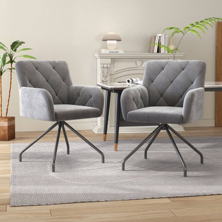 Merlooks Set van 2 eetkamerstoelen met ruitpatroon gestoffeerde fauteuil met 4 metalen poten moderne loungestoel woonkamerstoel voor slaapkamer studeerkamer en bureau lendensteun fluweel lichtgrijs