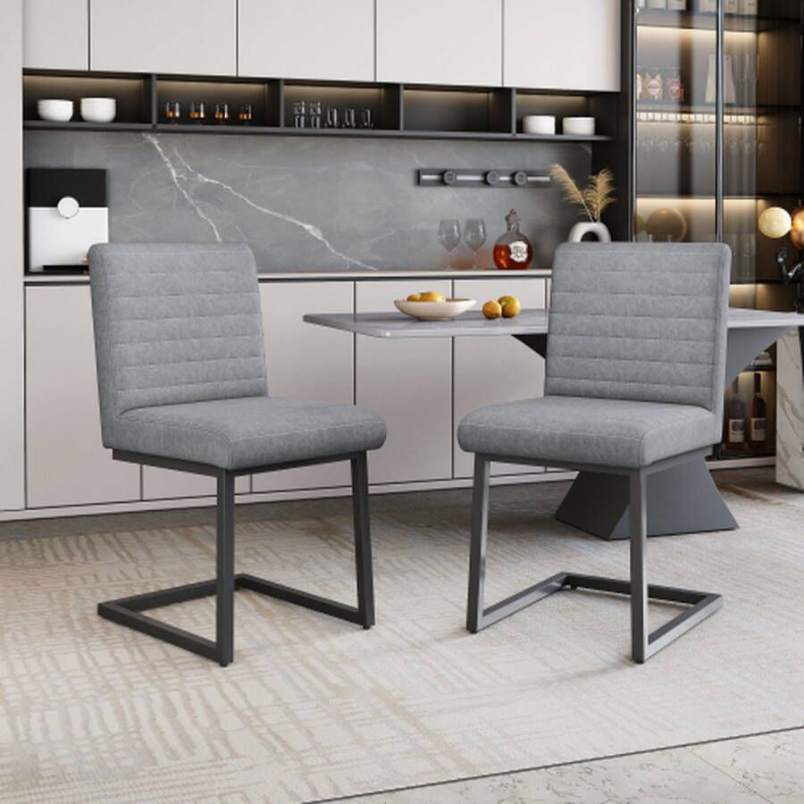 Merlooks Set van 2 eetkamerstoelen met verticale strepen gestoffeerde stoel met zigzag metalen poten moderne loungestoel stoel voor slaapkamer studeerkamer en bureau kunstleer lichtgrijs