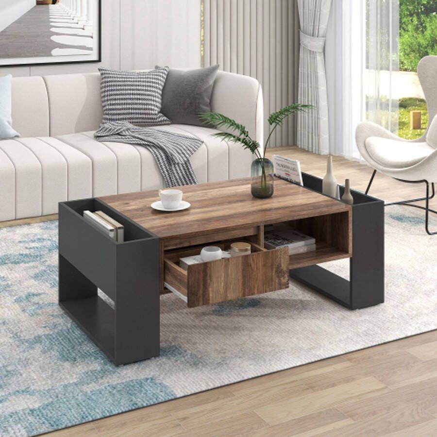 Merlooks Wohnzimmer-Sofatisch Couchtisch aus Holzmaserung mit Eine grifflose Schublade ein Staufach und Heckstaufach doppelseitiger Stauraum. Mit Staufächern auf beiden Seiten