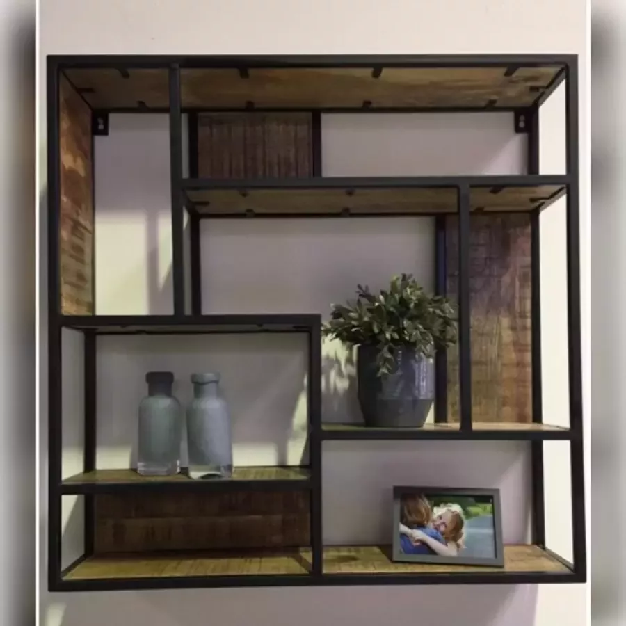 Metaalinterieur Wandrek vierkant 80 cm zwart metaal met mangohout