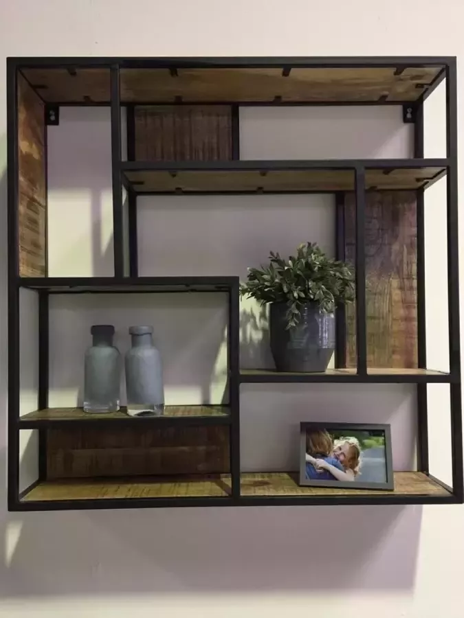 Metaalinterieur Wandrek vierkant industrieel 100CM van zwart metaal en mango hout B190251