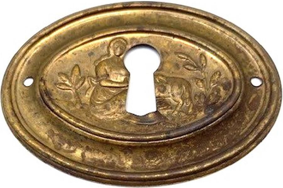 Metal Style Sleutelplaat Messing antiek ovaal Meisje met Hond 64x49mm