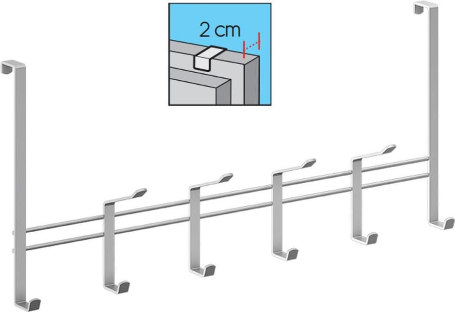 Metaltex Kapstok voor deur van 2 cm Zilvergrijs 10 haken Ophangen zonder boren Opdekdeur Breedte 44 5 cm