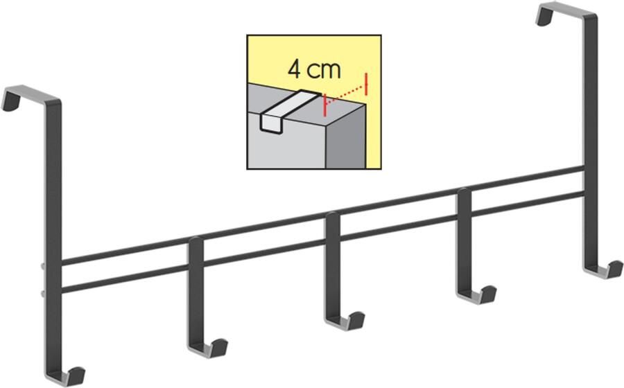 Metaltex Kapstok met 5 haken voor stompe deur zwart 4cm breed 38x15cm ophangen zonder boren sterke coating past op stompe deur