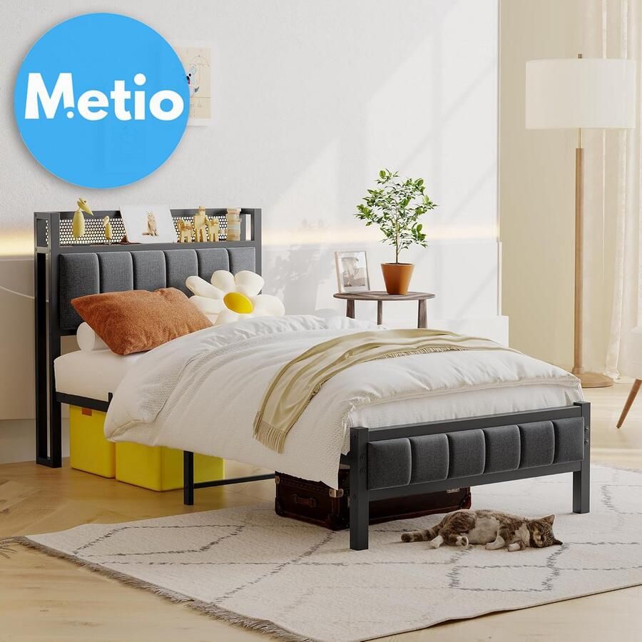 Metio Eenpersoons Bedframe 90x190 cm Gestoffeerd Hoofdeinde & Metalen Lattenbodem Opbergruimte Grijs