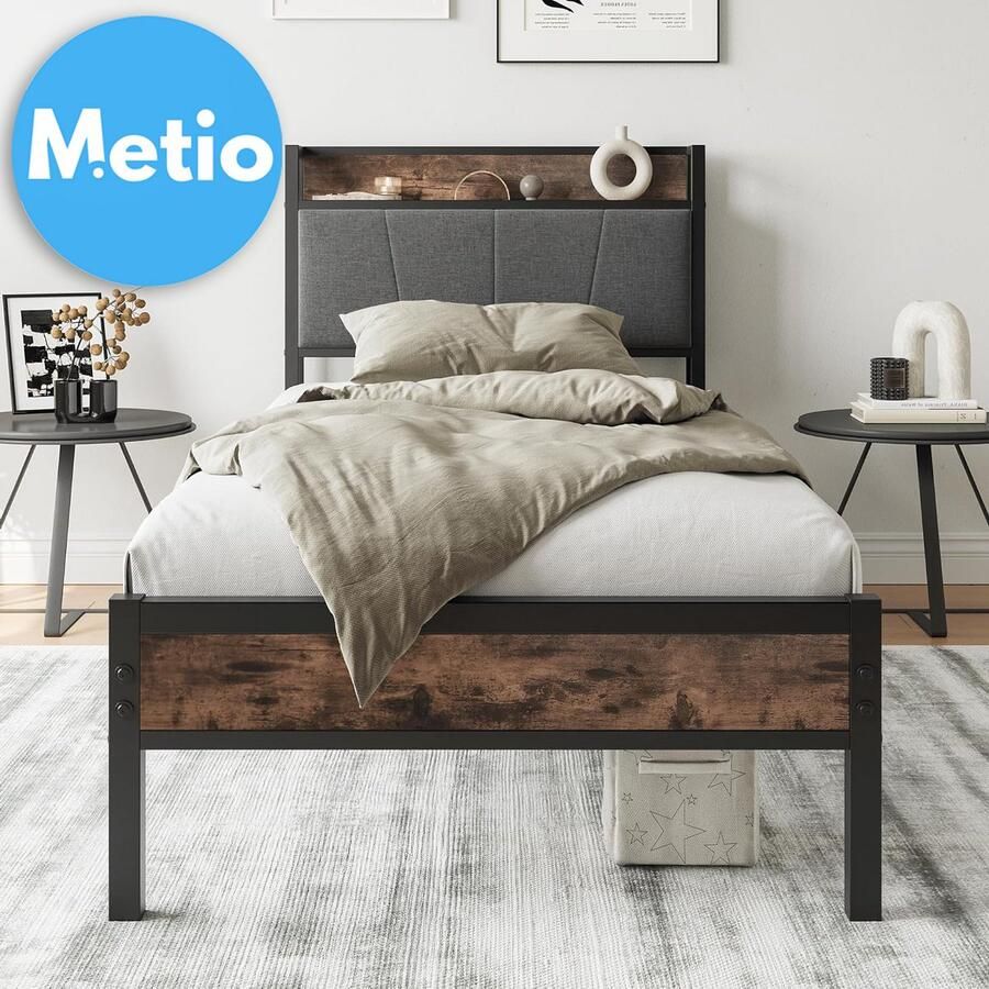 Metio Eenpersoons Bedframe 90x190 cm Gestoffeerd Hoofdeinde met Opbergruimte & Metalen Lattenbodem Rustiek Bruin