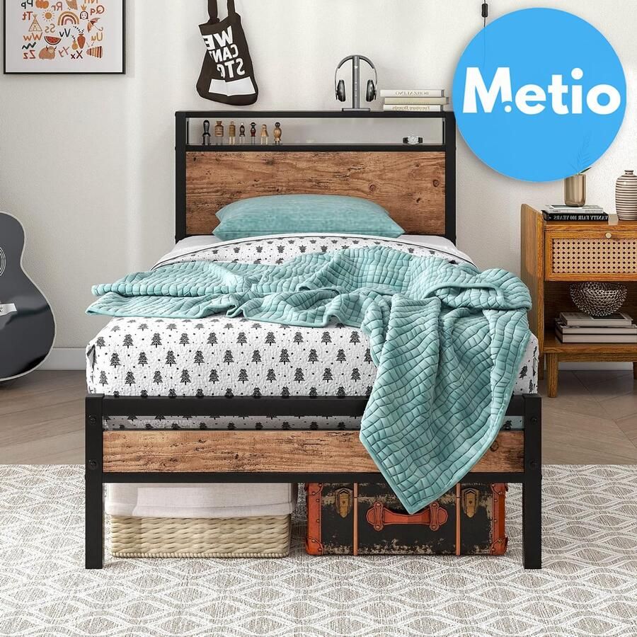 Metio Eenpersoons Bedframe 90x190 cm Houten Opberghoofdeinde & Metalen Lattenbodem Piepbestendig Rustiek Bruin & Zwart
