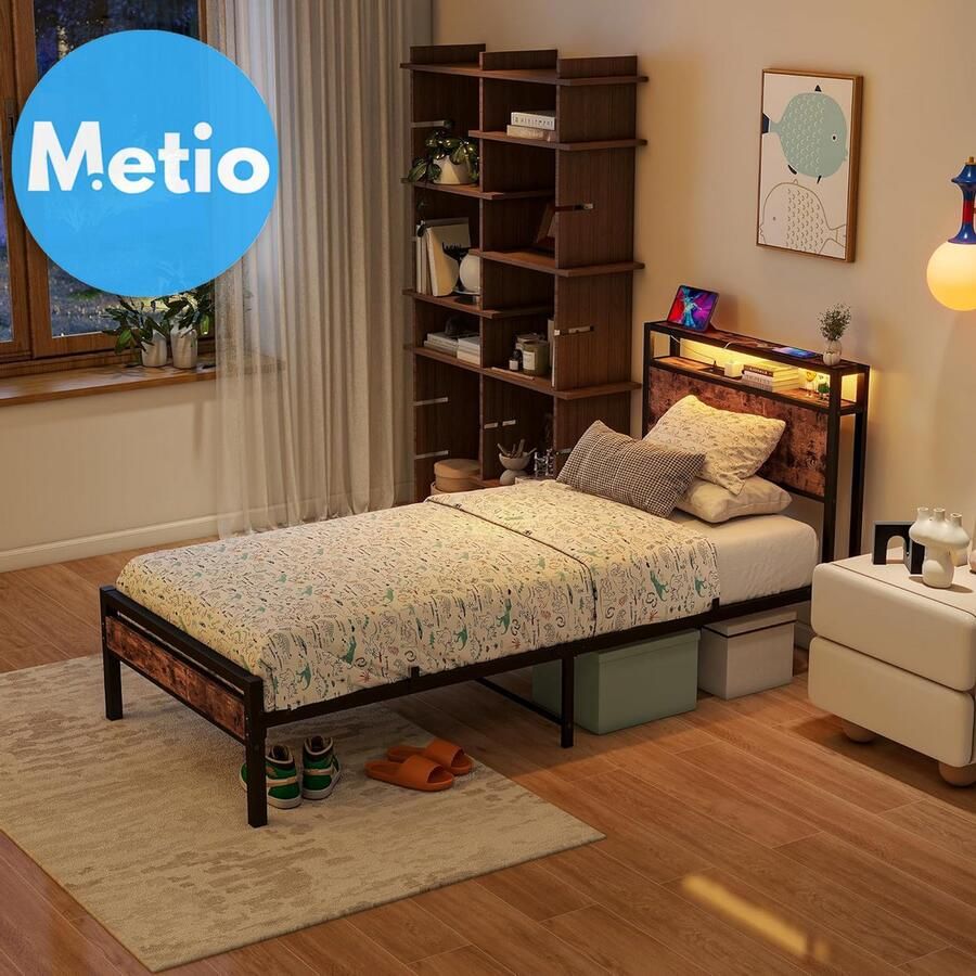 Metio Eenpersoons Bedframe 90x190 cm Opberghoofdeinde Laadstation (2x USB 2x Stopcontact) RGB LED Vintage Bruin & Zwart