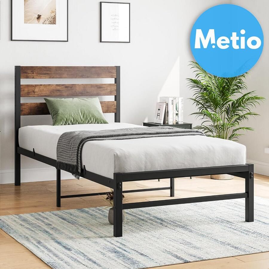 Metio Eenpersoons Bedframe 90x197 cm Houten Hoofdeinde & Metalen Lattenbodem Opbergruimte Rustiek Bruin & Zwart