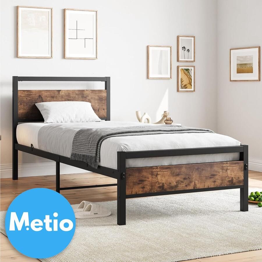 Metio Eenpersoons Bedframe 90x200 cm Hout-look Hoofdeinde & Zwart Metalen Frame Piepbestendig Rustiek Bruin