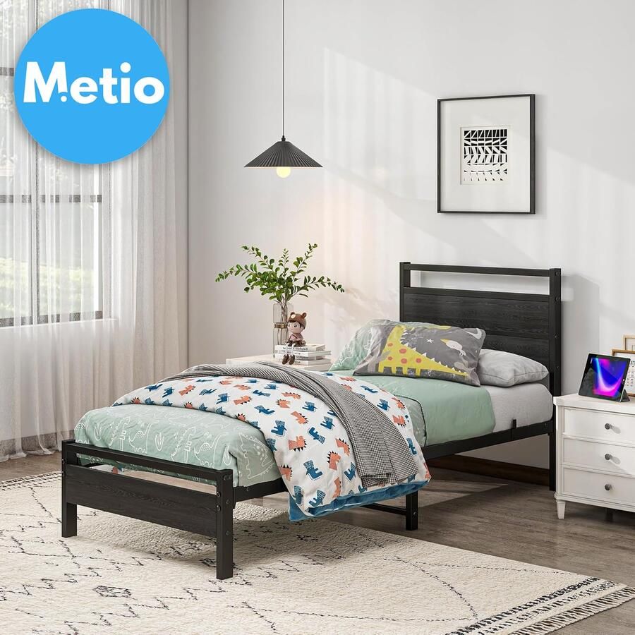 Metio Eenpersoons Bedframe 90x200 cm Houten Hoofdeinde & Zwart Metalen Frame Ruime Opbergruimte Hedendaags