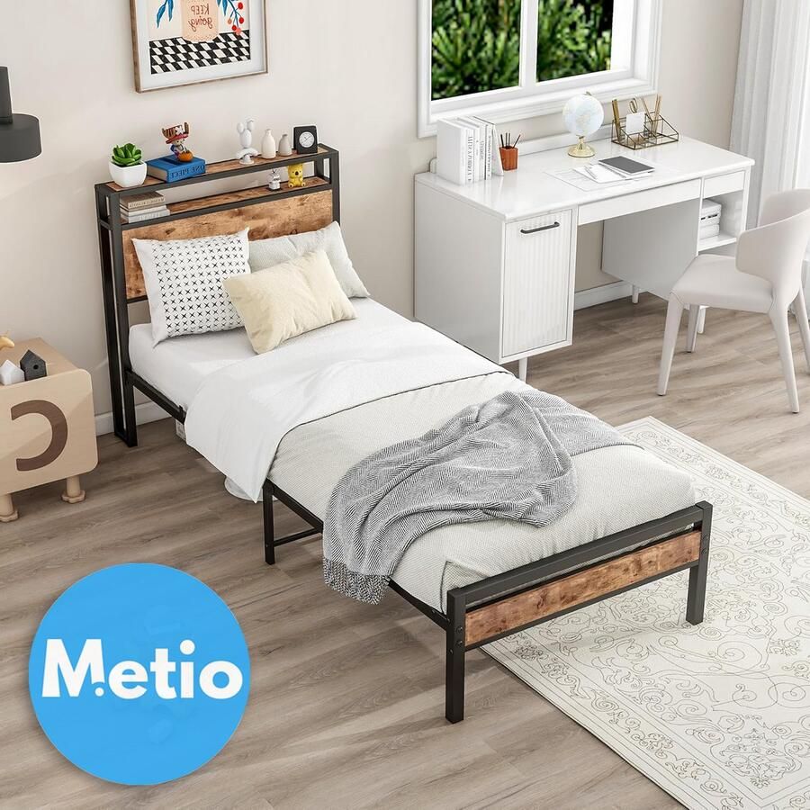 Metio Eenpersoons Bedframe 90x200 cm Houten Opberghoofdeinde & Metalen Lattenbodem Vintage Bruin & Zwart