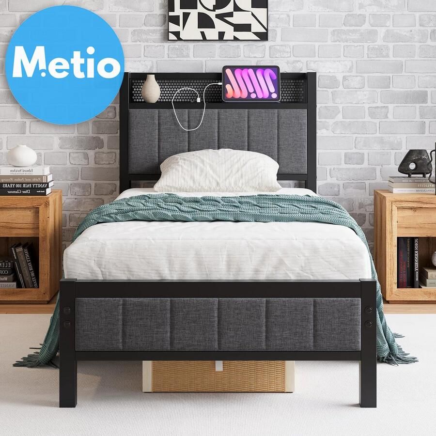 Metio Eenpersoons Bedframe 90x200 cm Laadstation (2x USB) Opberghoofdeinde & Lattenbodem Piepbestendig Donkergrijs