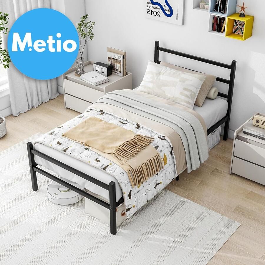 Metio Eenpersoons Bedframe 91x196 cm Metaal met Hoofdeinde Opvouwbaar Zwart Gepoedercoat
