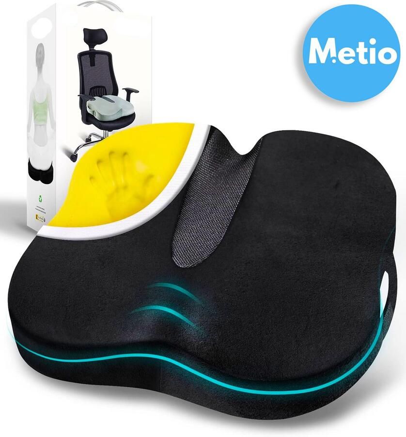 Metio – Ergonomisch Zitkussen van Traagschuim – Vlindervormig Design Antislip Bodem & Afneembare Wasbare Hoes – Voor Bureaustoel Auto & Gamingstoel – Zwart