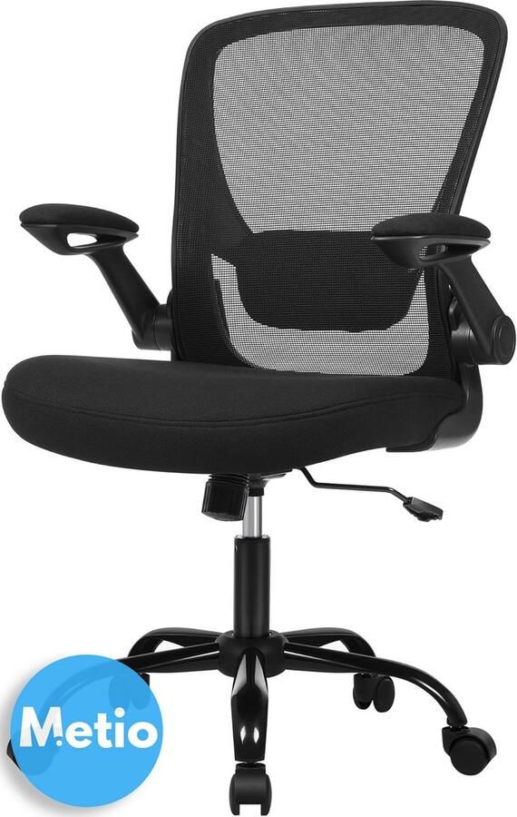 Metio – Ergonomische Bureaustoel met Inklapbare Armleuningen – 360° Draaibaar Verstelbare Lendensteun Ruimtebesparend Ontwerp – Zwart