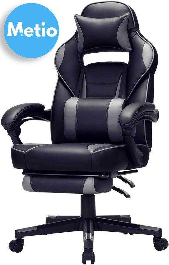 Metio – Ergonomische Bureaustoel met Uitschuifbare Voetsteun – Verstelbare Hoogte Kantelbare Rugleuning 90°-135° Lendensteun & Hoofdsteun Luxe Comfort – Zwart Grijs