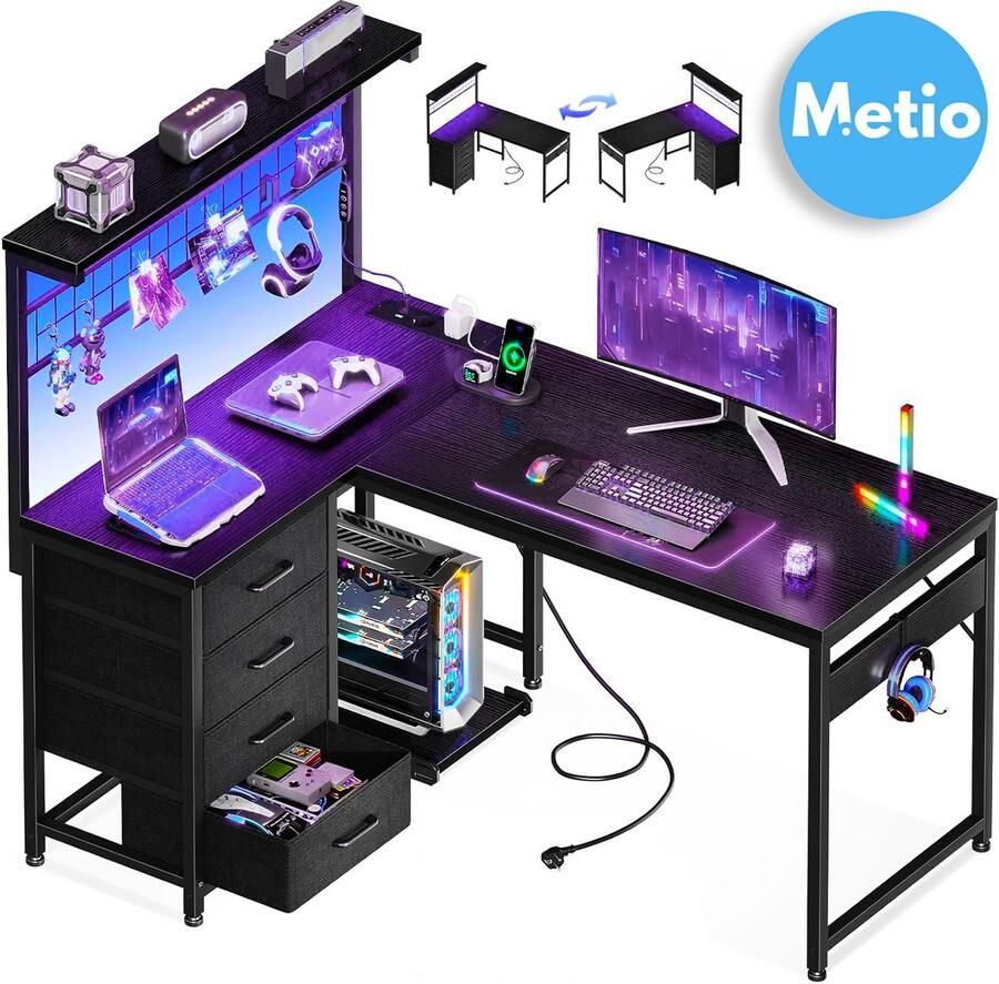 Metio – Gaming Tafel LED 110x80 cm – L-vormig Hoekbureau met Ladeblokken USB & Stopcontacten – Reversible Gaming Desk met Opslagruimte CPU Houder & Hoofdtelefoonhaak – Zwart
