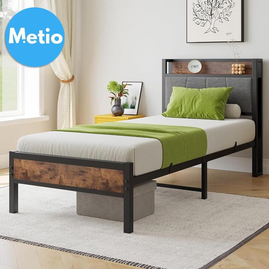 Metio Gestoffeerd Eenpersoons Bedframe 90x200 cm Opberghoofdeinde & Metalen Lattenbodem Vintage Bruin & Grijs