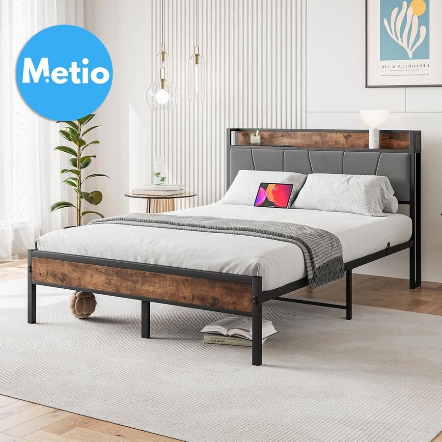 Metio Gestoffeerd Tweepersoons Bedframe 120x200 cm Opberghoofdeinde & Metalen Lattenbodem Vintage Bruin & Grijs