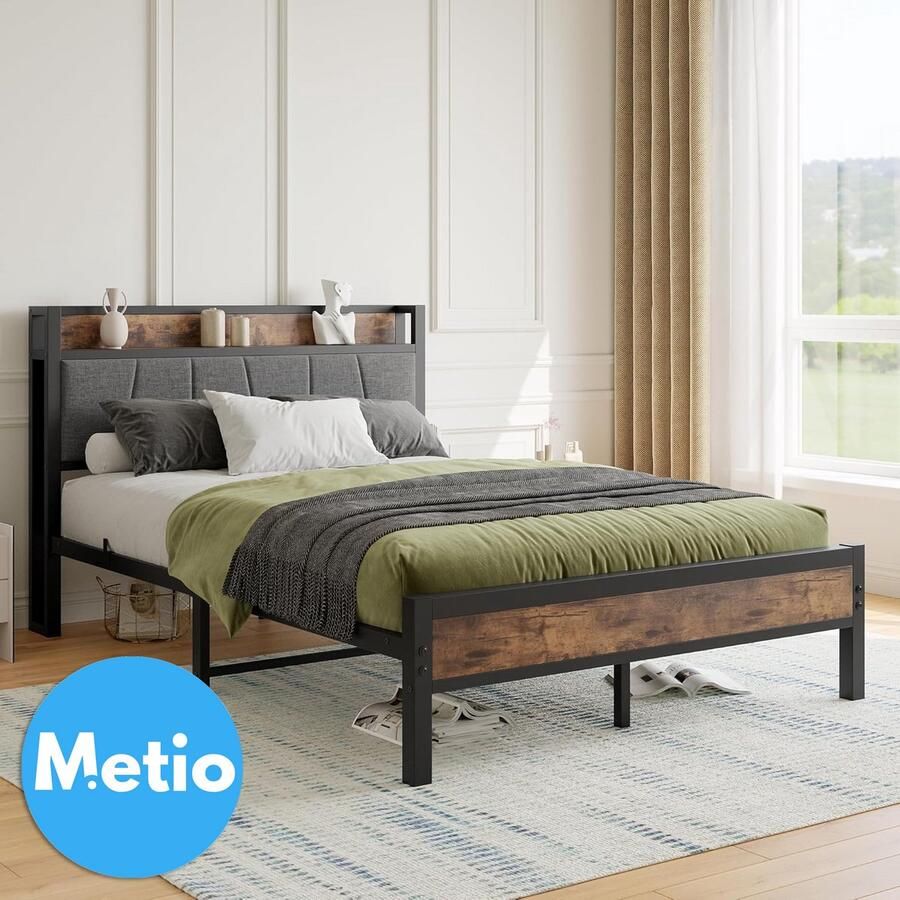 Metio Gestoffeerd Tweepersoons Bedframe 140x200 cm Opberghoofdeinde & Metalen Lattenbodem Vintage Bruin & Grijs