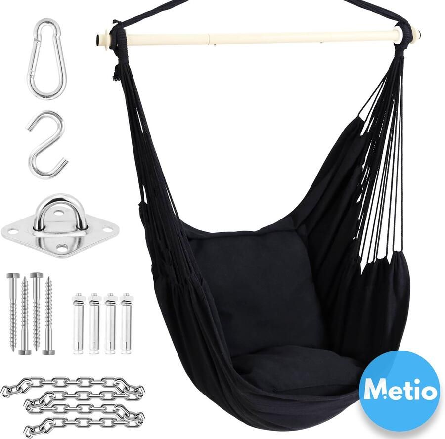 Metio – Hangstoel XL met 2 Kussens & Ophangset – Extra Comfortabel Inclusief Metaal Stang & Zijvak Binnen & Buiten Gebruik – Zwart