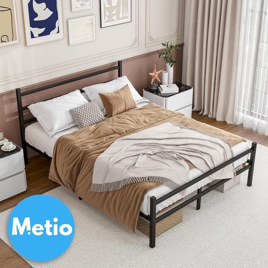 Metio Kingsize Bedframe 150x200 cm Metaal met Hoofdeinde Opvouwbaar Zwart Gepoedercoat