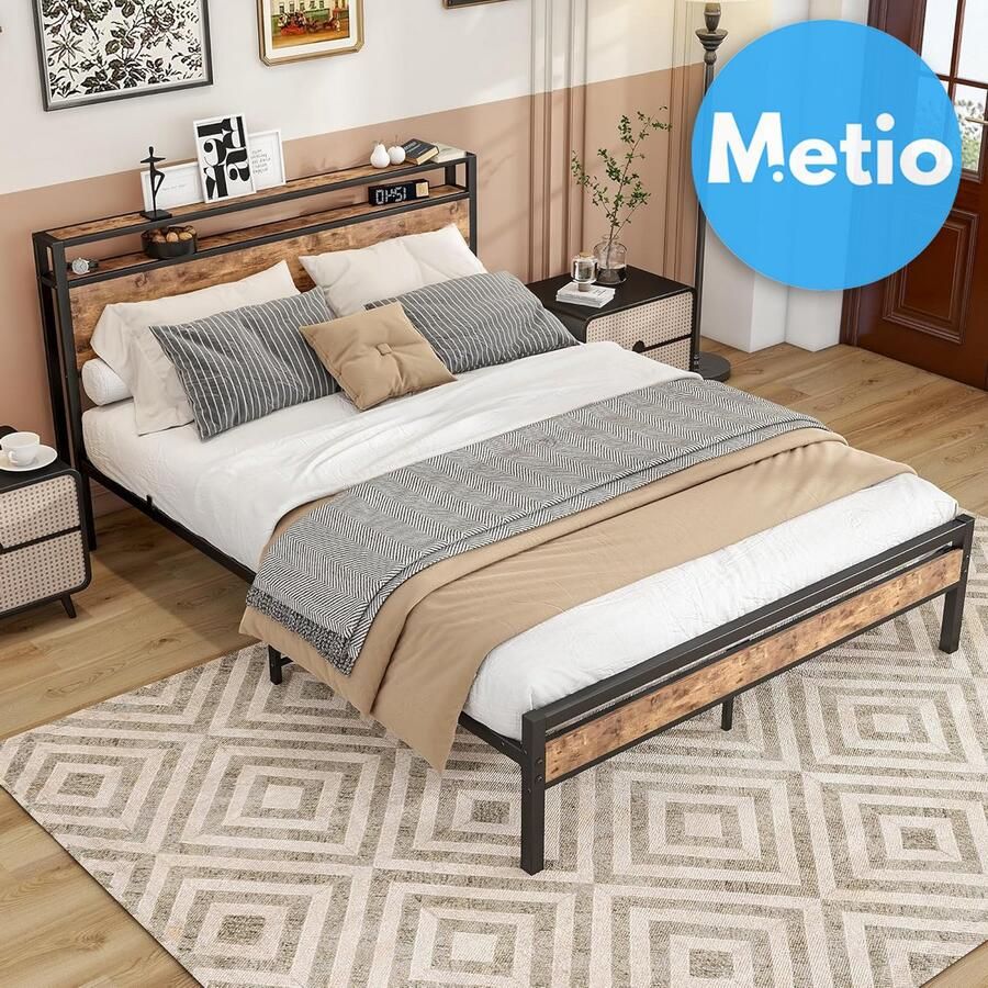 Metio Kingsize Bedframe 150x216.5 cm Houten Opberghoofdeinde & Metalen Lattenbodem Piepbestendig Rustiek Bruin & Zwart