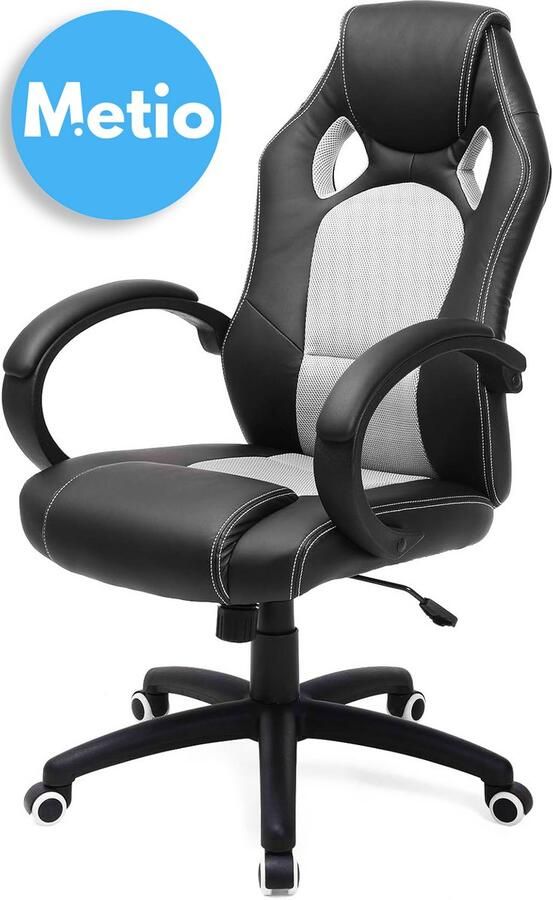 Metio – Luxe Gaming- en Bureaustoel met Ergonomisch Design – Verstelbare Rugleuning Kantelmechanisme 360° Draaibaar PU Lederen Bekleding – Zwart Grijs
