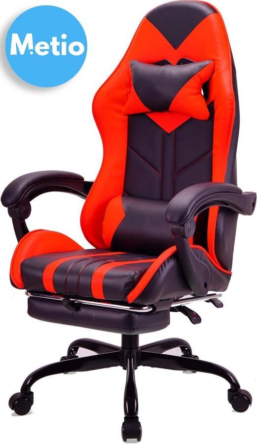 Metio – Luxe Gaming- en Bureaustoel met Voetsteun – Ergonomisch Design Verstelbare Hoogte 90°-135° Kantelbaar 360° Draaibaar PU Leder – Rood