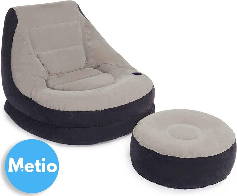 Metio – Opblaasbare Loungestoel met Voetenbank – Comfortabele Relaxfauteuil Waterdicht & Ruimtebesparend – Grijs Zwart