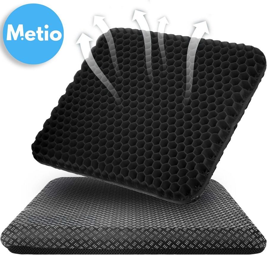 Metio – Orthopedisch Gel Zitkussen – Dubbele Laag met Ademend Honingraat Design & Antislip Hoes – Ergonomisch Stoelkussen voor Bureaustoel Auto & Reizen – Zwart (43x39x4 cm)