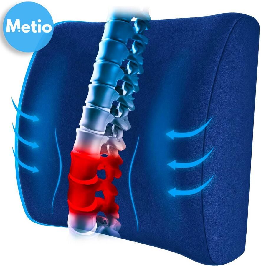 Metio – Rugkussen & Zitkussen van Traagschuim – Ergonomische Lendensteun met Verstelbare Band & Afneembare Wasbare Hoes – Voor Bureaustoel Auto & Reizen – Blauw Velours