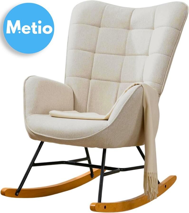 Metio – Scandinavische Schommelstoel met Armleuningen – Ergonomische Relaxstoel met Houten Schommelpoten & Dikke Vulling – Beige