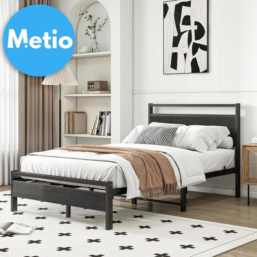 Metio Tweepersoons Bedframe 120x200 cm Houten Hoofdeinde & Zwart Metalen Frame Ruime Opbergruimte Hedendaags