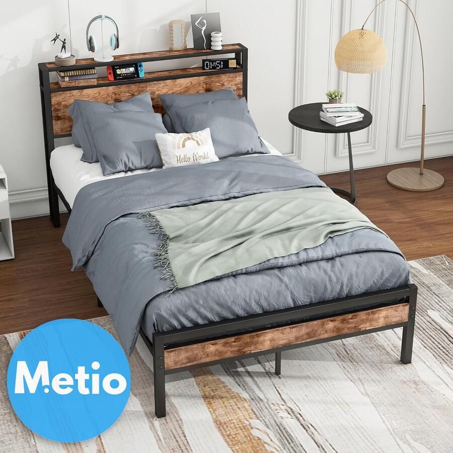 Metio Tweepersoons Bedframe 120x200 cm Houten Opberghoofdeinde & Metalen Lattenbodem Vintage Bruin & Zwart