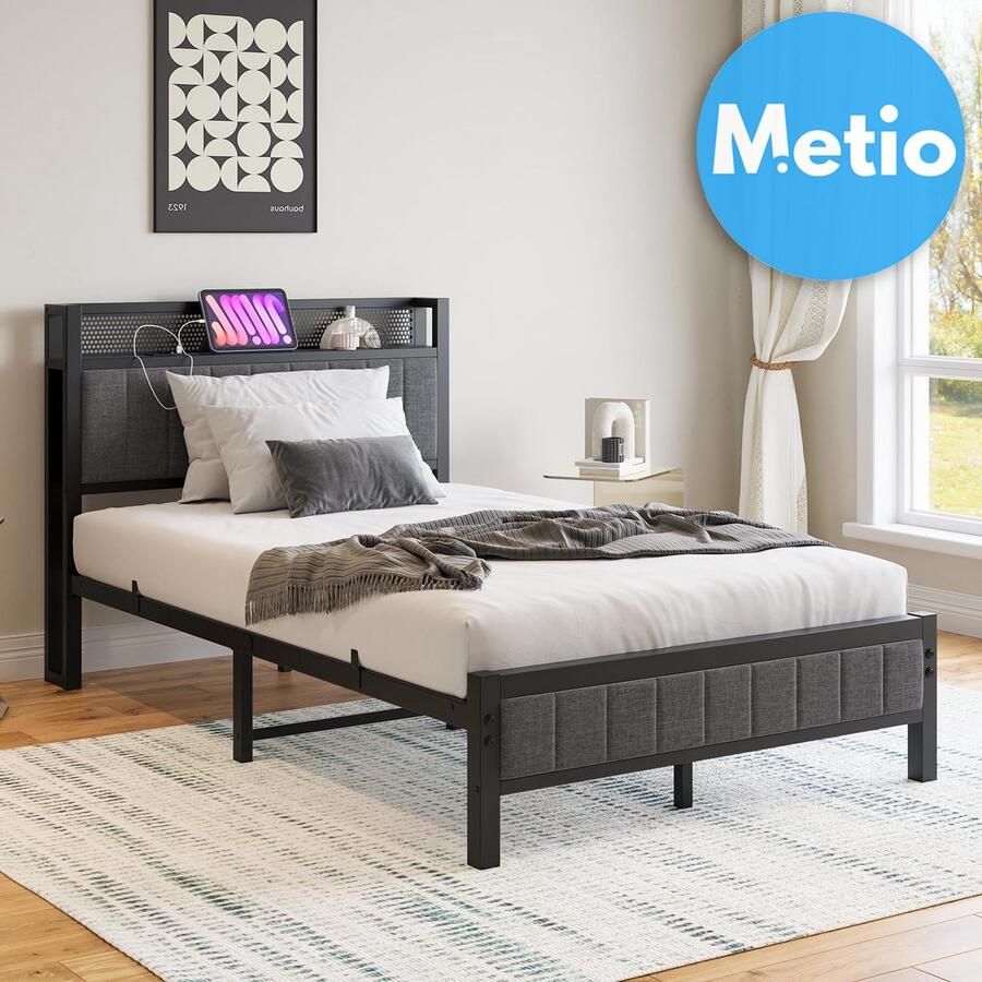 Metio Tweepersoons Bedframe 120x200 cm Laadstation (2x USB) Opberghoofdeinde & Lattenbodem Piepbestendig Donkergrijs