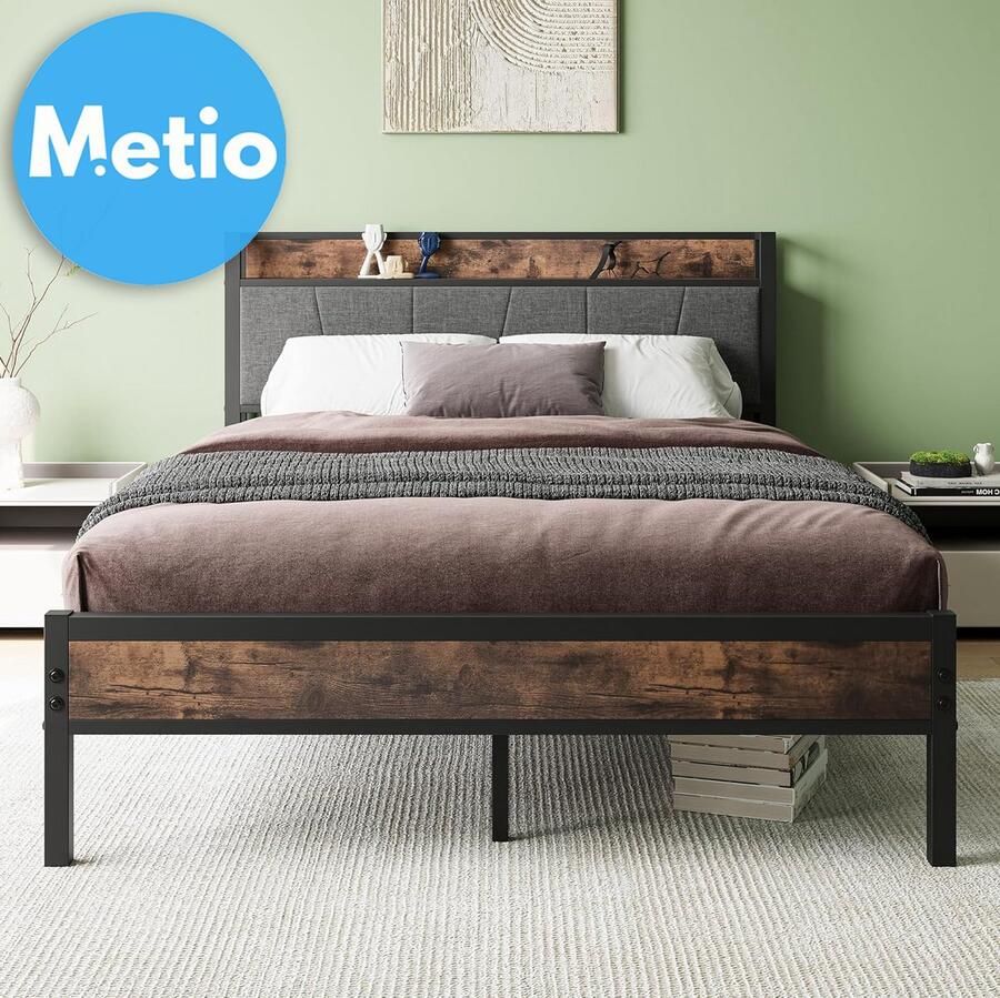 Metio Tweepersoons Bedframe 135x190 cm Gestoffeerd Hoofdeinde met Opbergruimte & Metalen Lattenbodem Rustiek Bruin