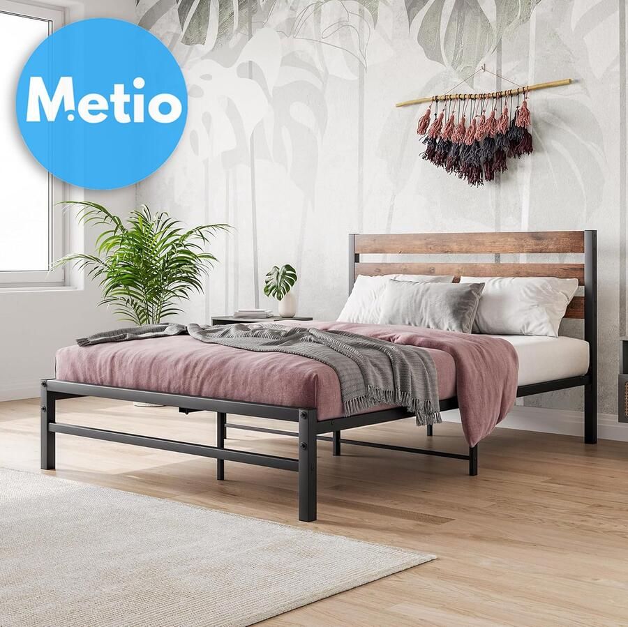 Metio Tweepersoons Bedframe 135x190 cm Houten Hoofdeinde & Metalen Lattenbodem Opbergruimte Rustiek Bruin & Zwart