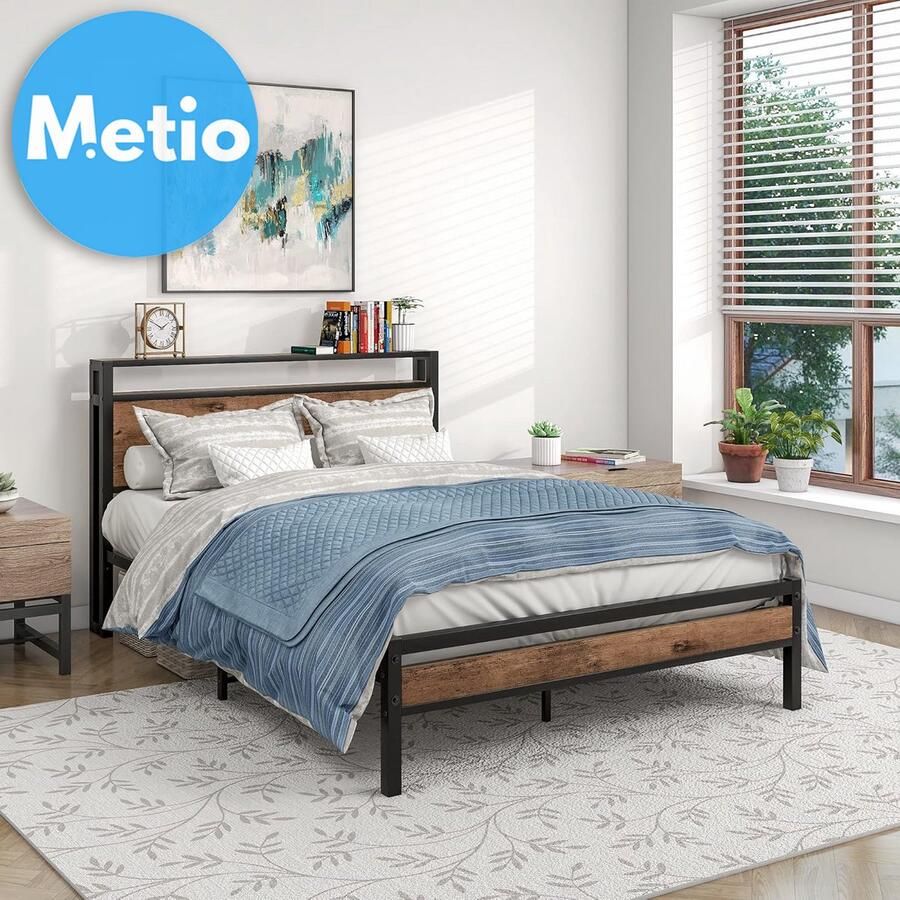 Metio Tweepersoons Bedframe 135x190 cm Houten Opberghoofdeinde & Metalen Lattenbodem Piepbestendig Rustiek Bruin & Zwart