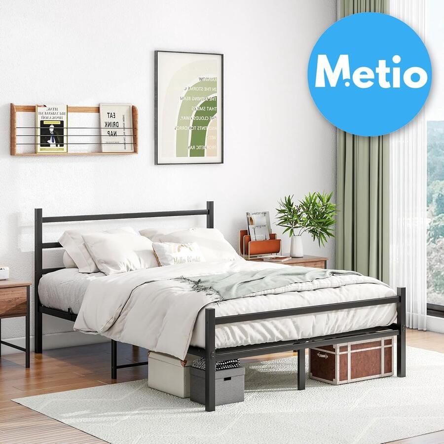Metio Tweepersoons Bedframe 135x190 cm Metaal met Hoofdeinde & Voetbord Opvouwbaar Zwart Gepoedercoat