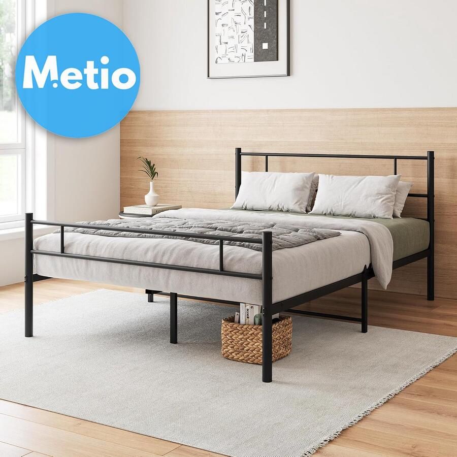 Metio Tweepersoons Bedframe 135x190 cm Metalen Lattenbodem & Hoofdeinde Opbergruimte Zwart Gelakt