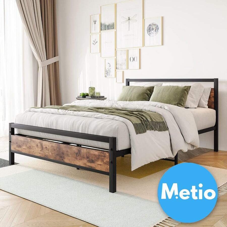 Metio Tweepersoons Bedframe 140x200 cm Hout-look Hoofdeinde & Zwart Metalen Frame Piepbestendig Vintage Bruin