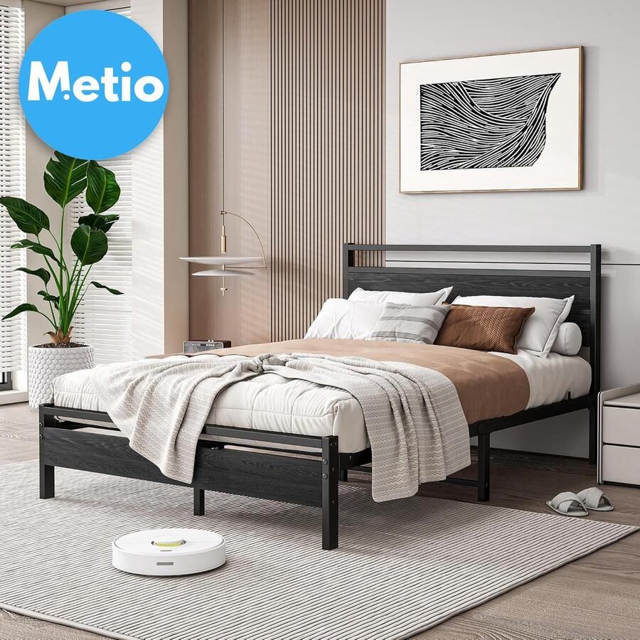 Metio Tweepersoons Bedframe 140x200 cm Houten Hoofdeinde & Zwart Metalen Frame Ruime Opbergruimte Hedendaags