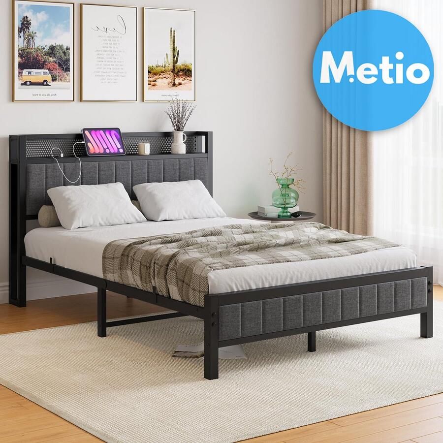 Metio Tweepersoons Bedframe 140x200 cm Laadstation (2x USB) Opberghoofdeinde & Lattenbodem Piepbestendig Donkergrijs
