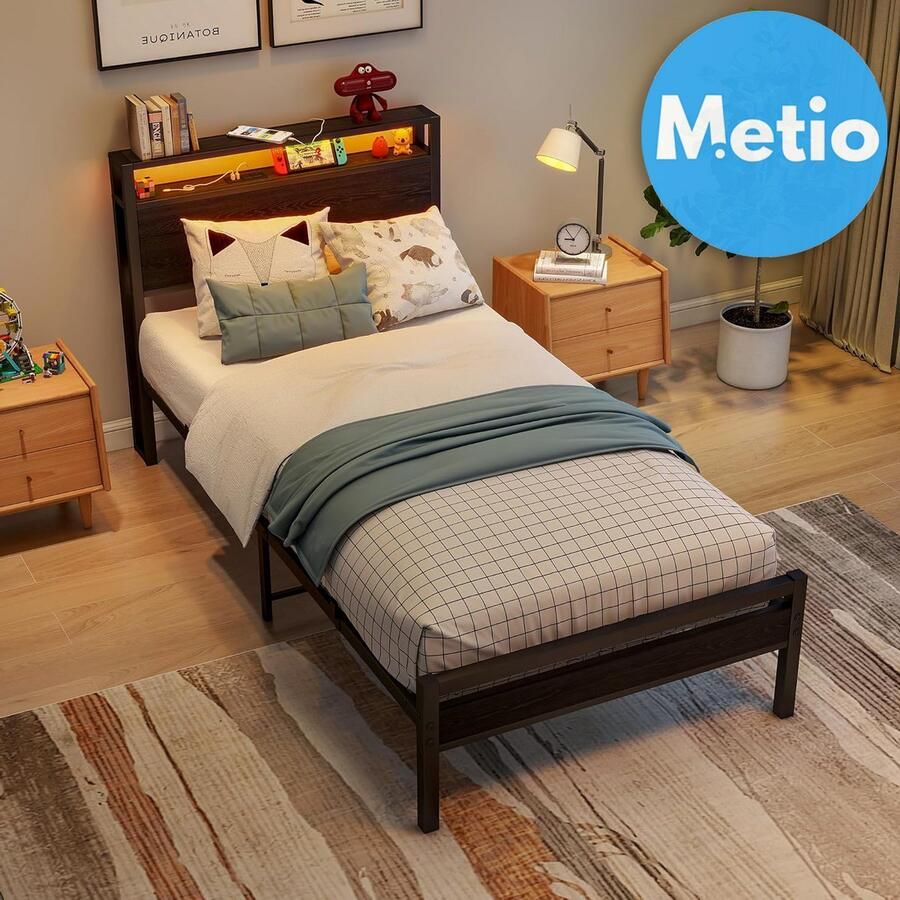 Metio Tweepersoons Bedframe 140x200 cm Laadstation LED & Opberghoofdeinde Piepbestendig Zwart