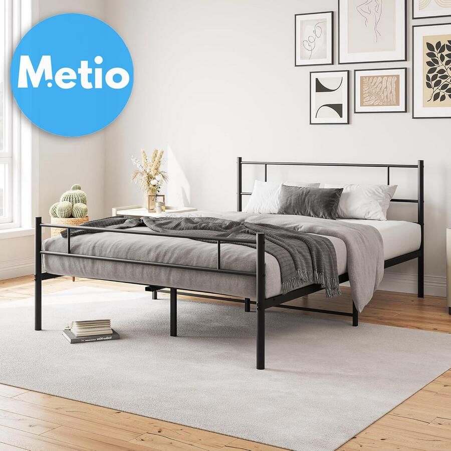 Metio Tweepersoons Bedframe 140x200 cm Metalen Lattenbodem & Hoofdeinde Piepbestendig Zwart Gelakt