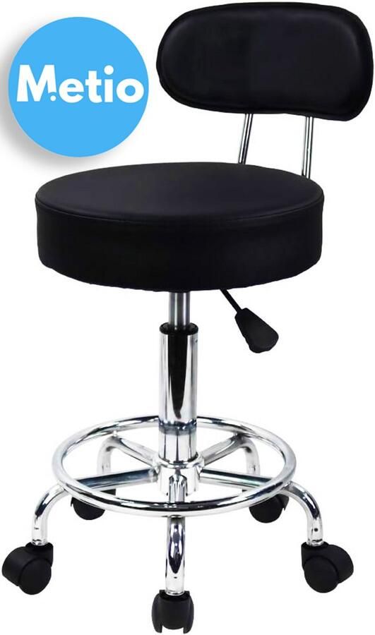 Metio – Verrijdbare Kruk met Lage Rugleuning & Voetsteun – In Hoogte Verstelbare Draaikruk van Kunstleer – 360° Swivel Werkstoel met Wielen – Zwart